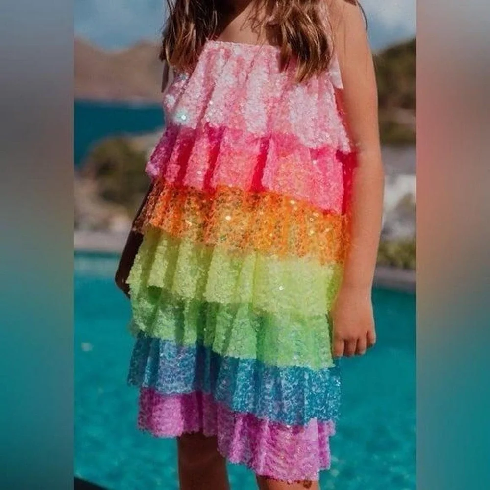 Lola + The Boys Kids' Neon Sequin Ruffle Dress vibrant, rainbow-colored 8